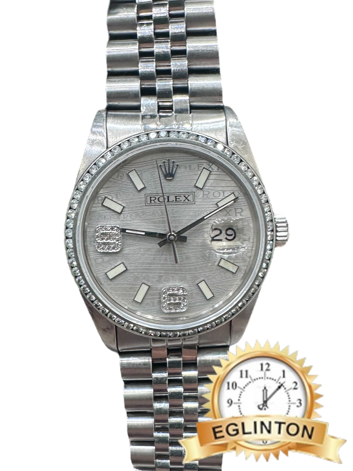 Rolex Datejust 36 — 16030 — Silver Jubilee Dial, Aftermarket Diamond Bezel, Diamond 6 & 9 — Steel — Automatic