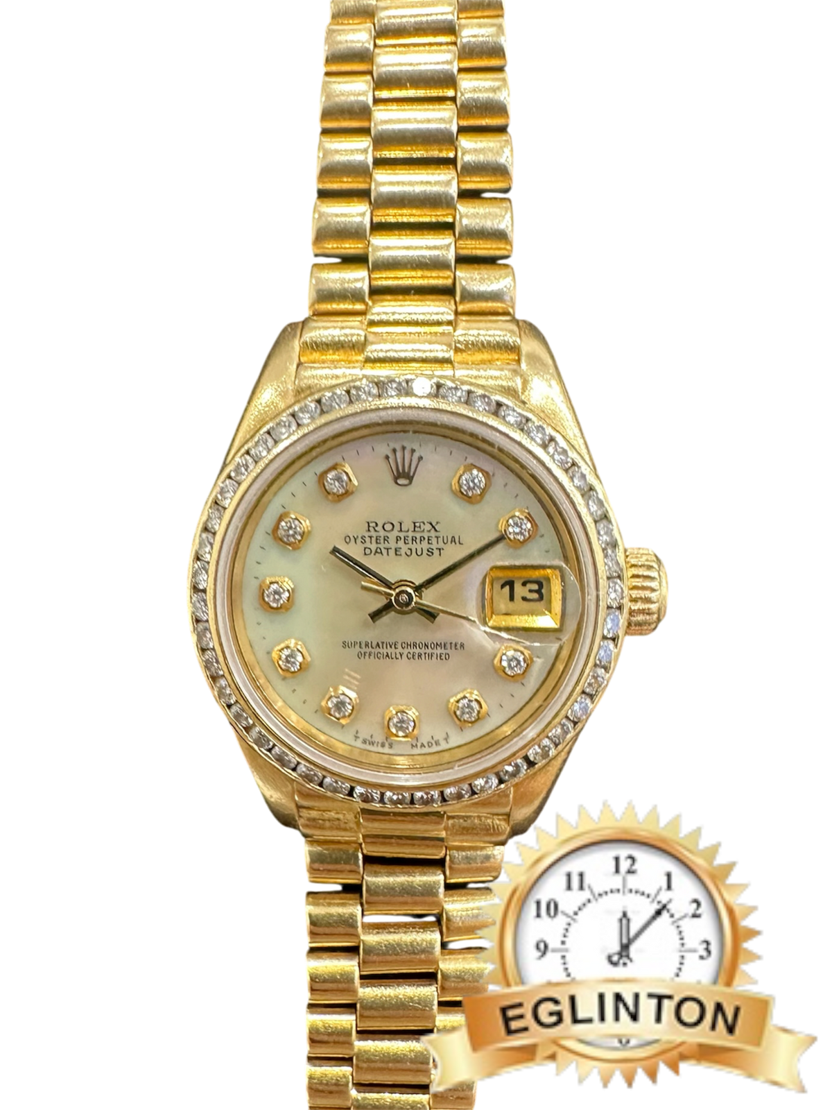 Rolex Lady-Datejust 26mm Mother-of-Pearl Diamond Dial & Diamond Bezel 18k Yellow Gold President 69178 "1993"