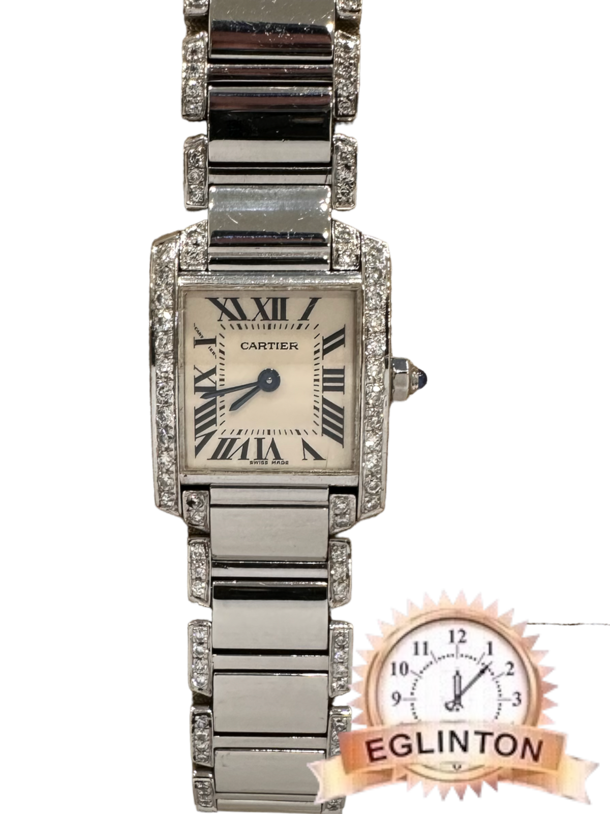 Cartier Tank Francaise 2384 Stainless Steel Ladies Watch with custom diamond setting - Johny Watches
