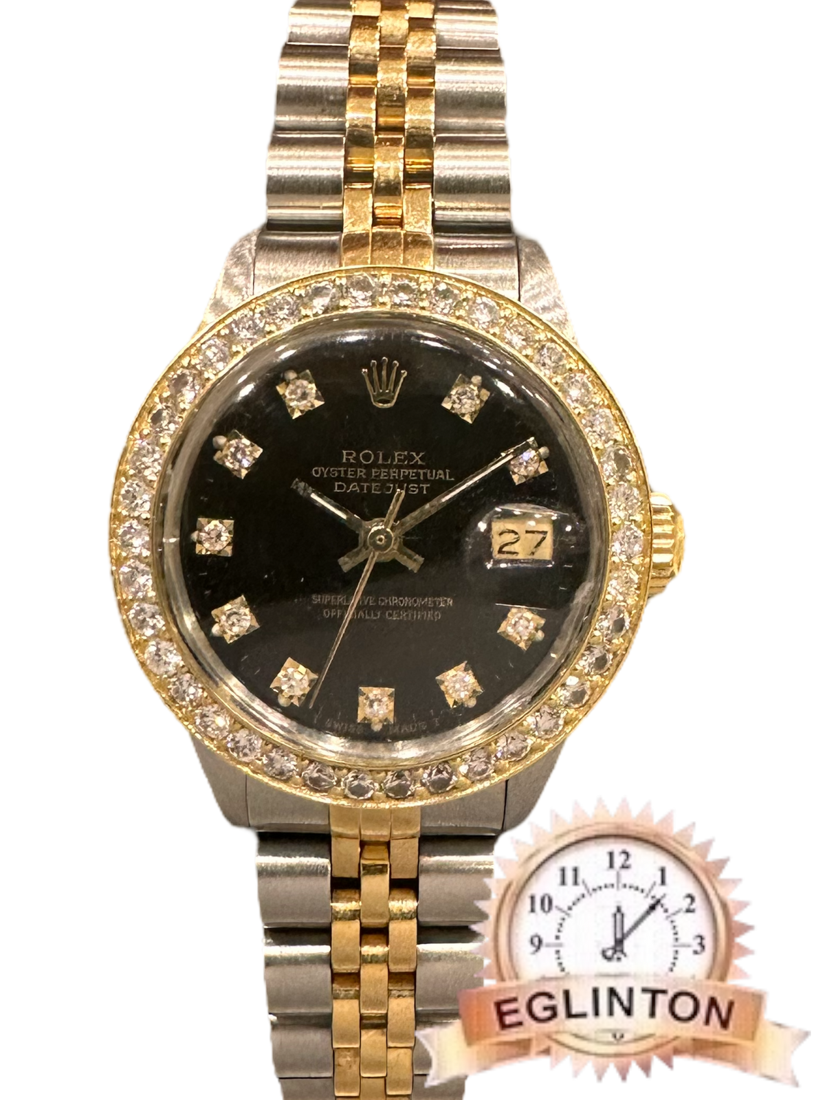 ROLEX OYSTER PERPETUAL LADY DATE 6516 26MM Black DIAMOND DIAL WITH TWO TONE JUBILEE BRACELET "1970" - Johny Watches