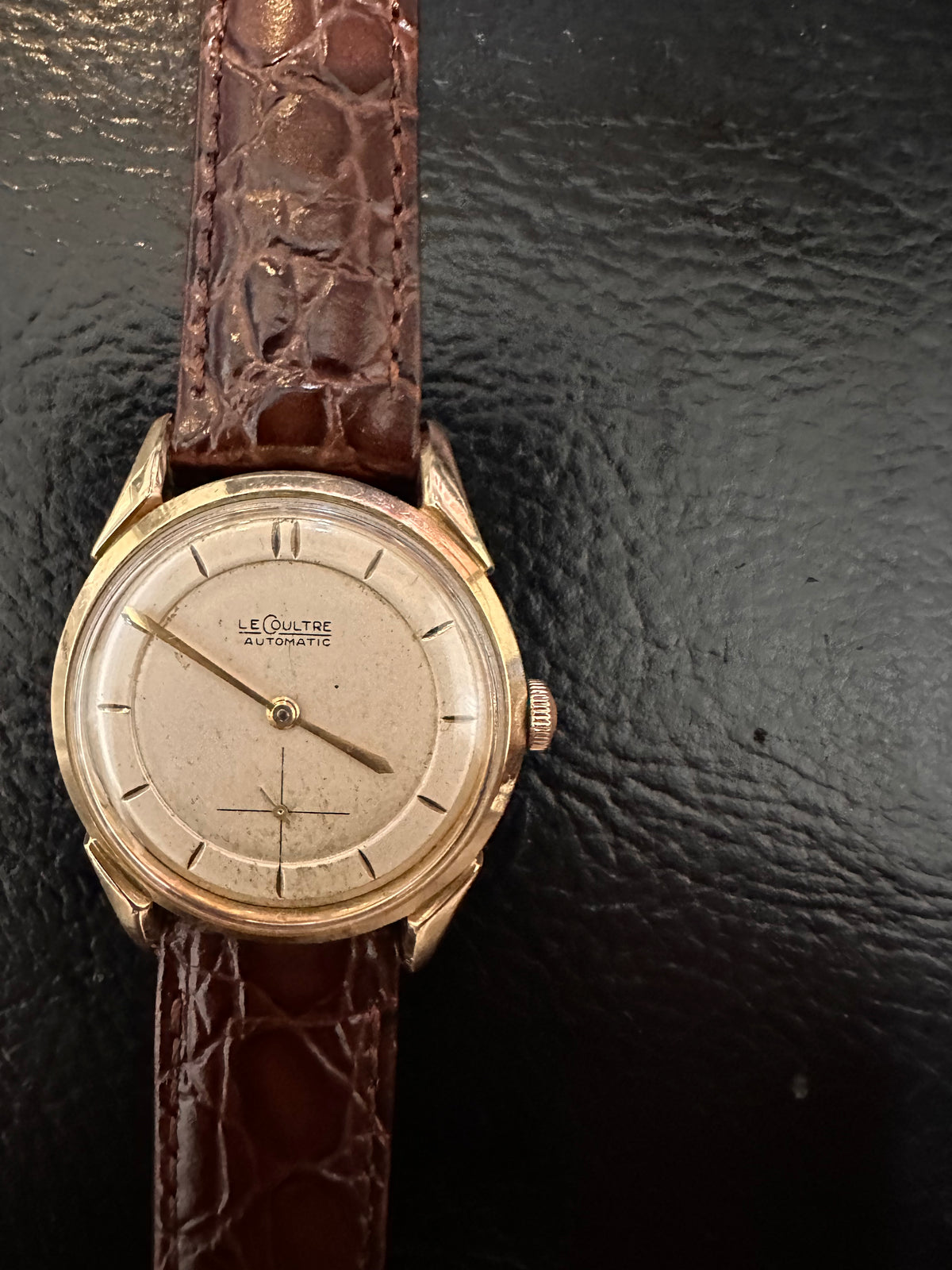 Jaeger LeCoultre 1950s Bumper Automatic, Patina Dial, Fancy Crab Lugs, P812 1950s 10kt Gold Filled Case - Johny Watches