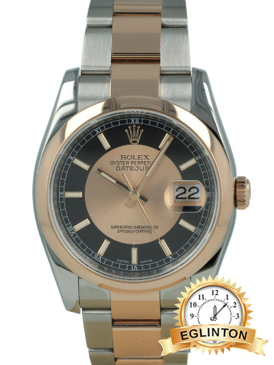 Rolex Datejust 36mm Black & Rose Gold Tuxedo Dial Smooth Bezel Two-Tone Oyster 116201 "2010"