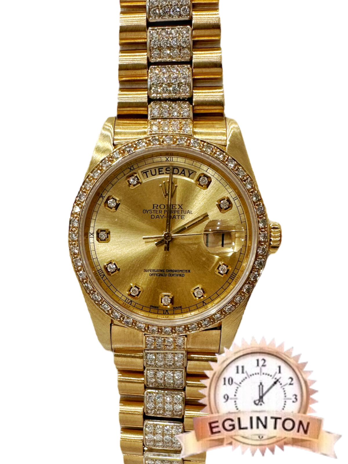Rolex President 18K Gold Day-Date 18038 Diamond bracelet dial & bezel "1990" - Johny Watches