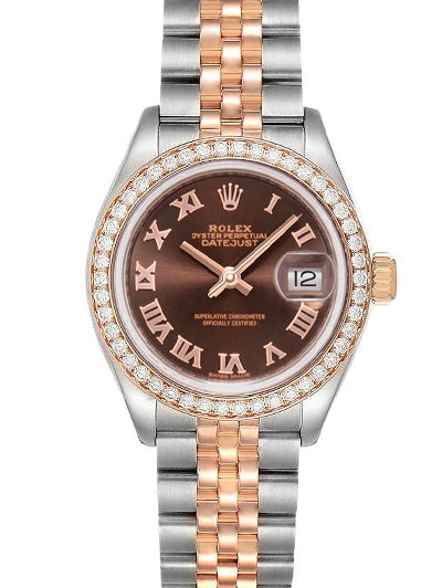 Rolex Datejust 28 Chocolate Roman Dial Diamond Bezel Rose Gold Two Tone Watch 279381RBR 279381 - Johny Watches