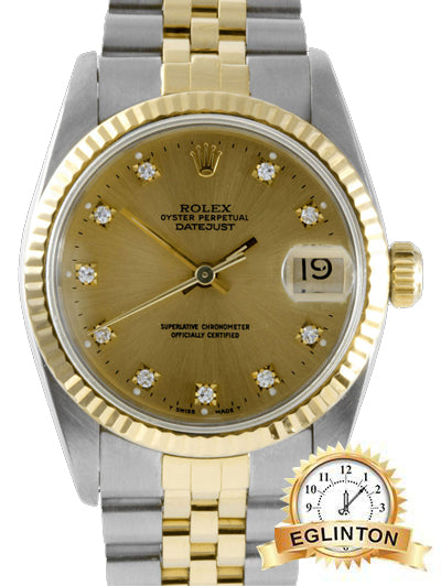 Rolex Mens Two Tone Datejust - Factory Champagne Diamond Dial Fluted Bezel On A Jubilee Band 16013 Model"1992" - Johny Watches
