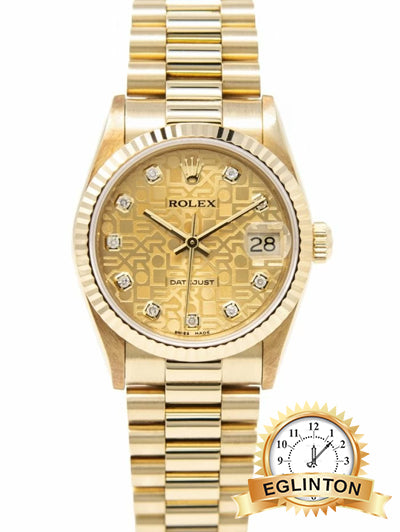 Rolex Datejust 31mm President Bracelet, Champagne Jubilee Diamond Dial, Yellow Gold, 68278 - Johny Watches