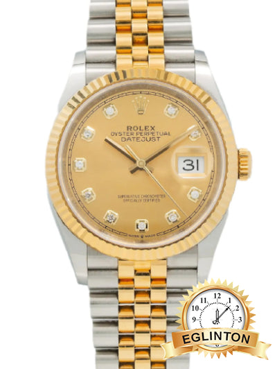Rolex Datejust 36mm Champagne Diamond Dial Fluted Bezel Two-Tone Jubilee 126233