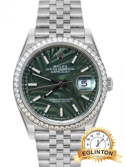 Rolex Datejust 36mm 126284RBR, Jubilee band Diamond Bezel, Green Palm Motif Dial, "2021" - Johny Watches