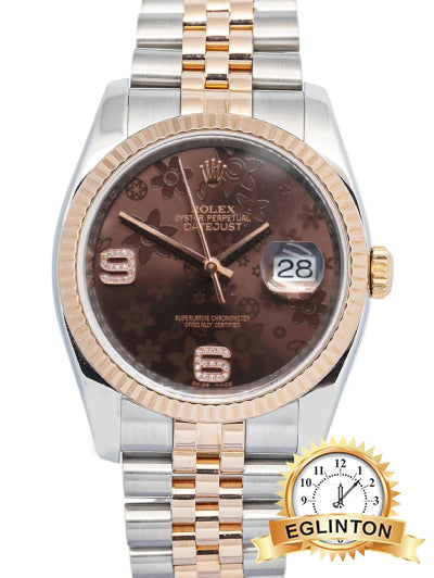Rolex Datejust 36mm Chocolate Floral Arabic Diamond Dial Two-Tone Everose Jubilee 116231 "2018" - Johny Watches