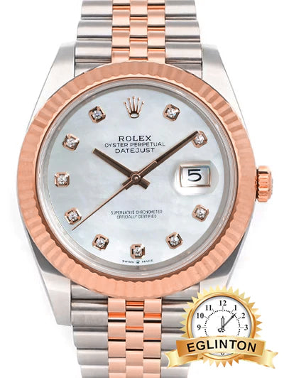 Rolex Datejust 41 Rose Gold/Steel White Mother of Pearl Diamond Dial Fluted Bezel Jubilee Bracelet 126331 "2023" - Johny Watches