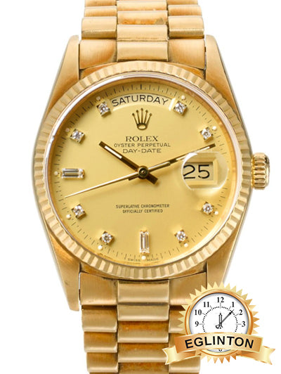 ROLEX 36MM DAY-DATE, REFERENCE 18038 YELLOW GOLD DIAMOND-SET Dial "1985" - Johny Watches