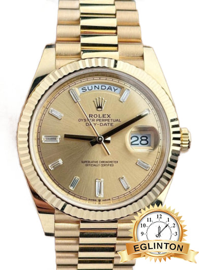 Rolex Day-Date 40mm 18k Yellow Gold Champagne Dial Baguette Diamond Markers Ref. 228238