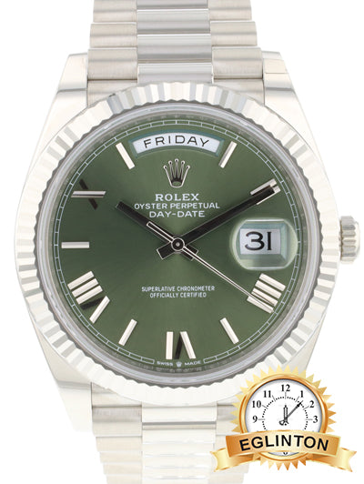 Rolex Day-Date 40mm 228239 18K White Gold Olive Green Roman Dial 40 mm "2022" - Johny Watches