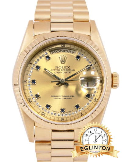 RARE ROLEX DAY-DATE PRESIDENT 18238 18K YELLOW GOLD Factory SAPPHIRE & DIAMOND STRING DIAL "1995" FULL SET - Johny Watches