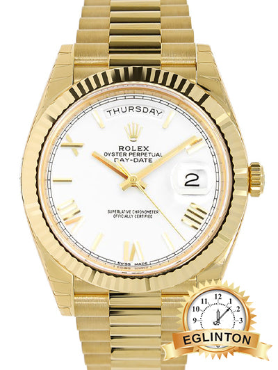 Rolex Daydate 40 White Roman Numerals Fluted President Bracelet Yellow Gold "2022" - Johny Watches
