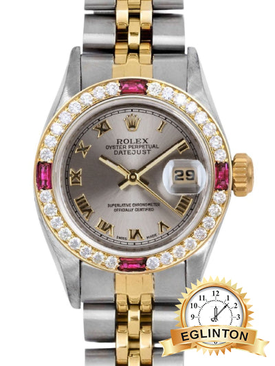 Rolex 6618 Lady Datejust 18k Two Tone 26mm -Gray Diamond Dial-Ruby Diamond Bezel - Johny Watches
