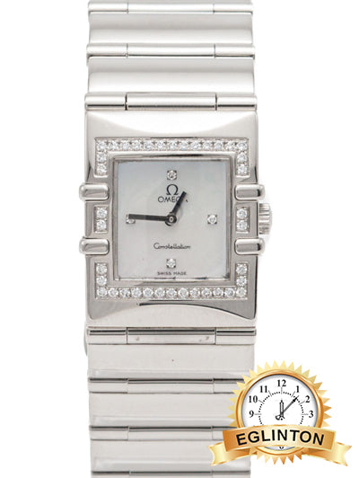 Omega White Mother Of Pearl Square Diamond Quadra Constellation Steel Women's Watch 24MM - Johny Watches