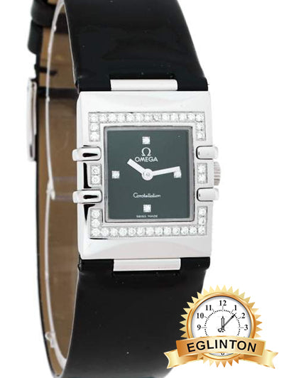 Omega Black Stainless Steel Patent Leather Diamond Constellation Quadra 895.1230 Women's Wristwatch 19 mm - Johny Watches
